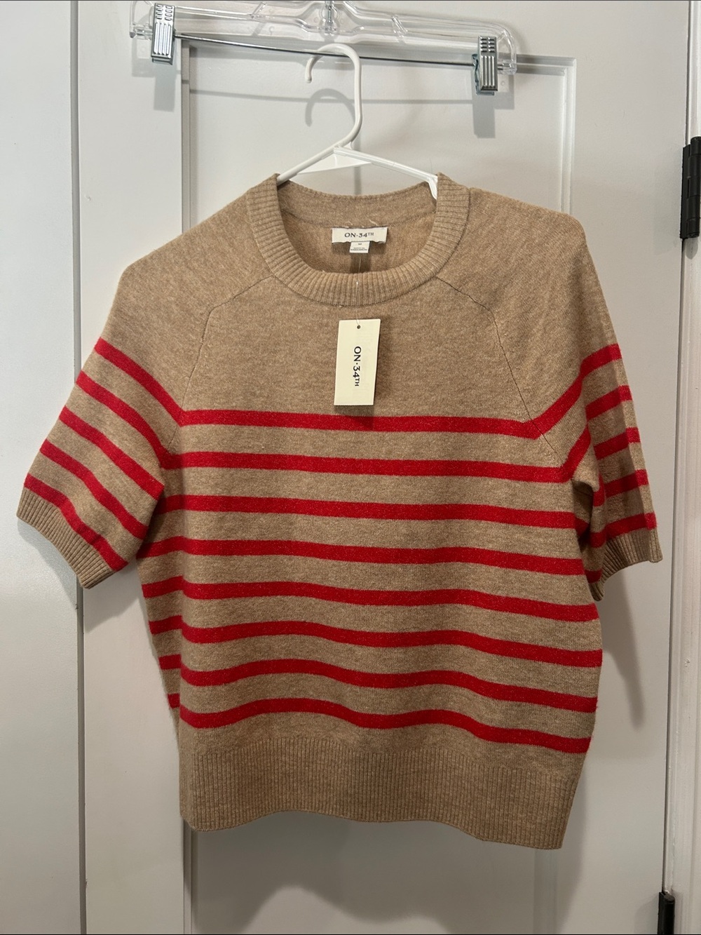 Striped Short Sleeve Sweater - Tan with bold coral Stripes